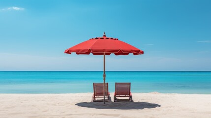 Red umbrella and chair on the tropical beach with blue sky background.