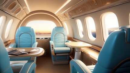 Interior airplane with luxury first class seats and window for transportation and travel concept background. Generative AI - obrazy, fototapety, plakaty
