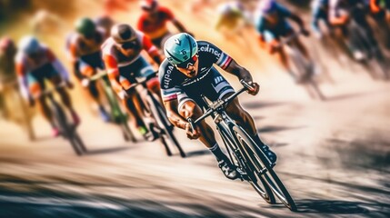 bike racers riding on the track in watercolor. they cycle through rural and forest roads.