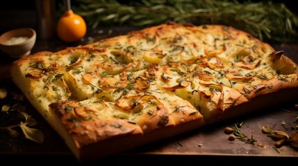 Freshly baked garlic and herb focaccia bread with a golden brown crust.