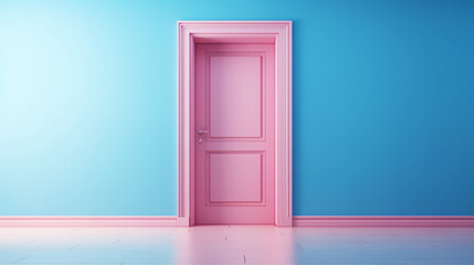 Violet colored interior, empty room with door. Pastel colour palette. Minimalist contemporary concept. Generative AI