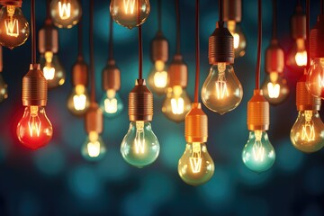 Illuminating Ideas: Vintage Light Bulbs Dangle with Warm Glow - Generative AI