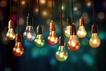 Illuminating Ideas: Vintage Light Bulbs Dangle with Warm Glow - Generative AI