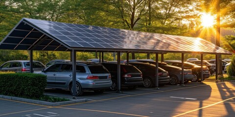The solar carport is equipped for parking public vehicles. Generative Ai. - obrazy, fototapety, plakaty