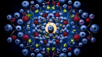 Berries pictures in style of kaleidoscope art on black background. Elegant art of berries. 