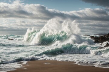 Fototapeta premium The sight of foamy waves slamming against the coast is captivating.