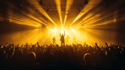 Fototapeta premium The crowded church worship rally with distance silhouette figure of the televangelist on stage light