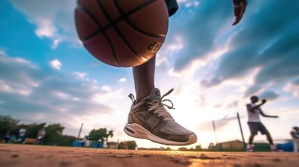 Basketball player feet and ball, view from the ground. - obrazy, fototapety, plakaty