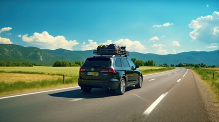 A modern family car with a roof luggage box travels through, surrounded by nature. - obrazy, fototapety, plakaty