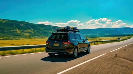 Fototapeta na wymiar Back view modern black family wagon van car with mounted roof kayak and bike tail carrier driving european highway road against blue sky summer day. Lifestyle travel adventure trip journey concept.