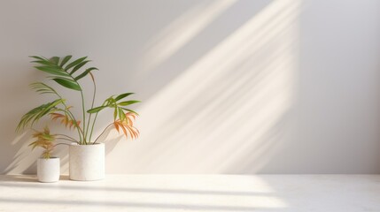 A minimalistic light background with a blurred shadow of foliage and a potted plant on a light wall. Beautiful background for the presentation, copy space.