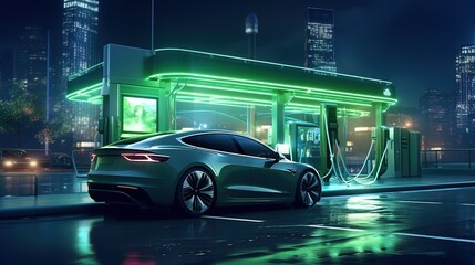 Electric_car_charging_at_a_gas_station_in_the_city ai generative images