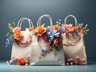 fancy shopping bags decorated with flowers and ribbons with copy space ready as a banner or design template, digital 3D illustration design with matte painting design.