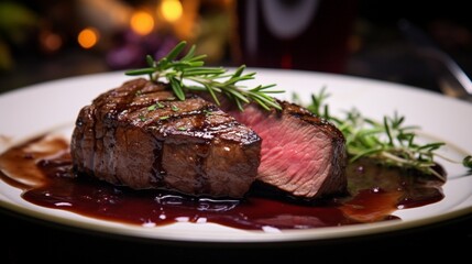 Pan-seared sirloin steak with a red wine reduction sauce on a stylish dinner plate.