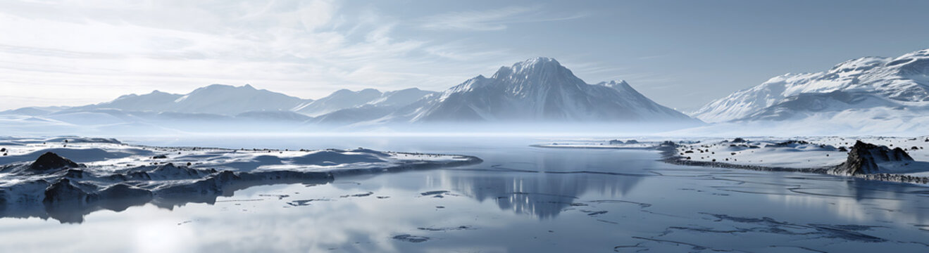 an arctic landscape in an area with some water, in the style of photo-realistic landscapes, surreal 3d landscapes 