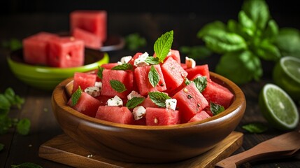 Refreshing watermelon and feta salad with mint leaves for a burst of flavor.