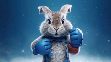 Anthropomorphic rabbit character with blue boxing gloves. - obrazy, fototapety, plakaty