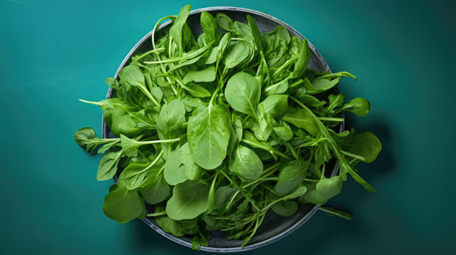 Top view of arugula on plate, on color background