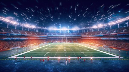 Naklejka premium football stadium 3d with bright floodlights at night. grass field and blurred fans at playground view.
