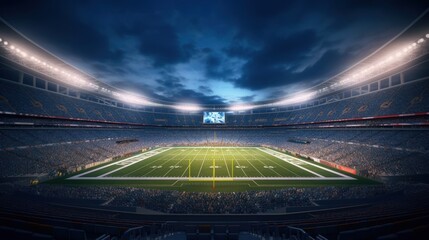 American football stadium 3d with bright floodlights at night. grass field and blurred fans at playground view. - obrazy, fototapety, plakaty