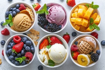 Summertime Feast: Delight of an Ice Cream Bowl, Brimming with Refreshing Fruit Balls with Blueberries, Mango and Strawberries, a Colorful Culinary Presentation for a Sweet Summer.