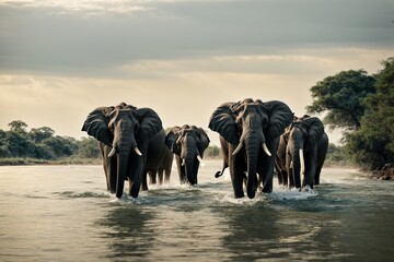herd of elephants in lake