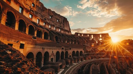 the Majestic Colosseum of Rome at Sunset, where the Empire's Architectural and Engineering Marvel Reveals Its Details in the Spectacular Italian Atmosphere