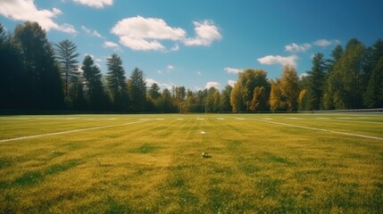 Amateur empty football field on a sunny day. Created by artificial intelligence. - obrazy, fototapety, plakaty