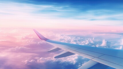 Airplane wing on blue sky background. Travel and transportation concept.