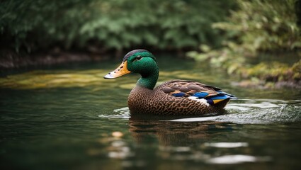 Fototapeta premium The mallard duck glides across the liquid.