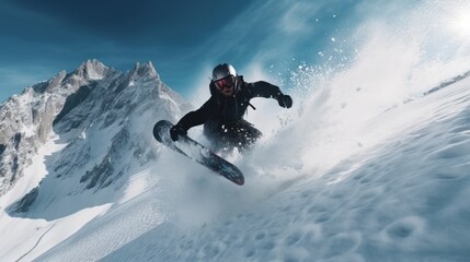 Against the backdrop of pristine snow-capped peaks, a snowboarder carves an exhilarating tale on this canvas.