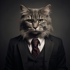 creative and artistic portrait of a cat wearing a formal business suit