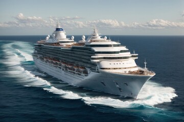 Naklejka premium Luxury cruise ship sailing to port on sunrise