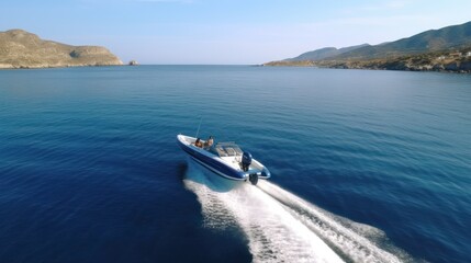 Fototapeta na wymiar Aerial drone ultra wide photo with copy space of luxury rigid inflatable speed boat cruising in high speed in Aegean deep blue sea,