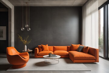 Modern interior of living room with orange sofa, flat with black concrete stucco wall 