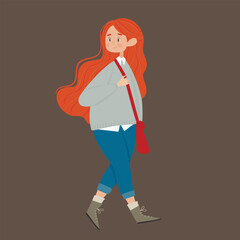 Vector illustration. A girl with red hair in jeans and a sweater