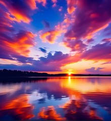 Fototapeta na wymiar Breathtaking Sunset Over Calm Lake, Vivid Colors Reflecting in Tranquil Waters