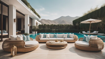 Obraz premium Poolside lounge are with rattan sofa with ornaments pillows. Beautiful hotel spa or wellness concept