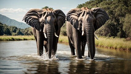 Fototapeta premium An elephant gleefully splatters water across its back as it stands tall in a gleaming, clean lake, its aged skin shining in the bright sun.
