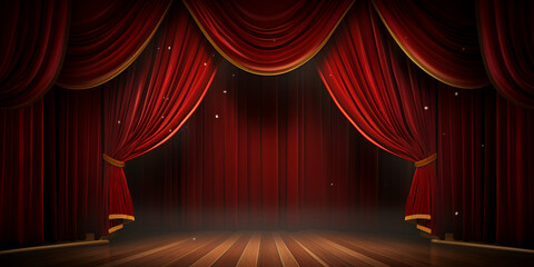 Empty magic theater stage with red curtains show spotl , 
