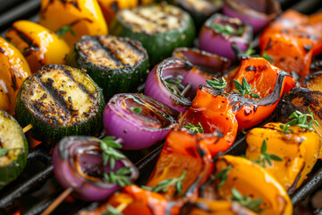 Fototapeta na wymiar Grilled Vegetable Medley Skewers with Zucchini, Bell Peppers, and Red Onions - A Vibrant Veggie Delight