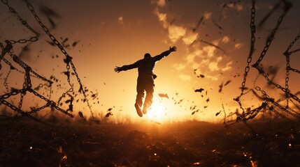 Individual human right day concept Silhouette of a man jumping and broken chains at orange meadow autumn sunset 
