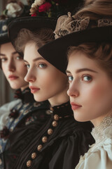 Triptych of Timeless Beauty: Three Women in Traditional Victorian Attire with Elegant Millinery