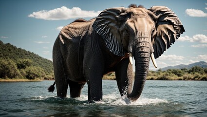 An elephant sits proudly in a shimmering lake, splashing water joyously upon its back as its aged skin gleams in the bright sun.