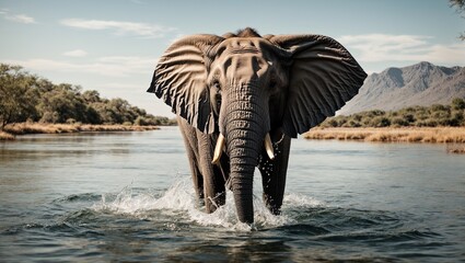 A elephant stands tall in a crystal clear lake, its wrinkled skin glistening in the warm sun as it joyfully splashes water onto its back