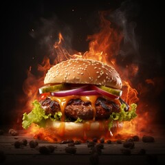 Generative AI Big hamburger in a fire and smoke background photo