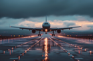 an airplane taking off from the runway of an airport, stock photography - obrazy, fototapety, plakaty
