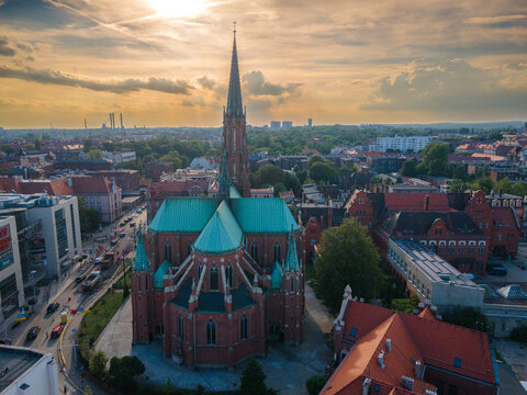 Drone view of the church. Sunset. Bytom is a city in Poland.