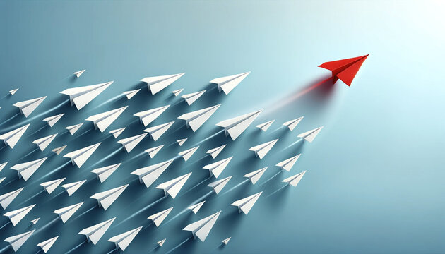 Red paper plane leading white airplanes. Leadership, teamwork and courage concept.