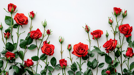 Beautiful red roses and buds on white background with space for text. Top view, flat lay, generative ai - obrazy, fototapety, plakaty